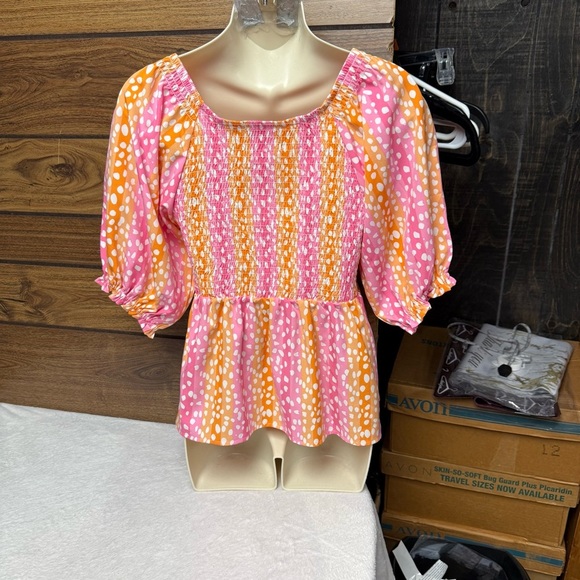Michelle McDowell size medium Multicolored Puff Sleeve Peplum Blouse - Picture 5 of 7